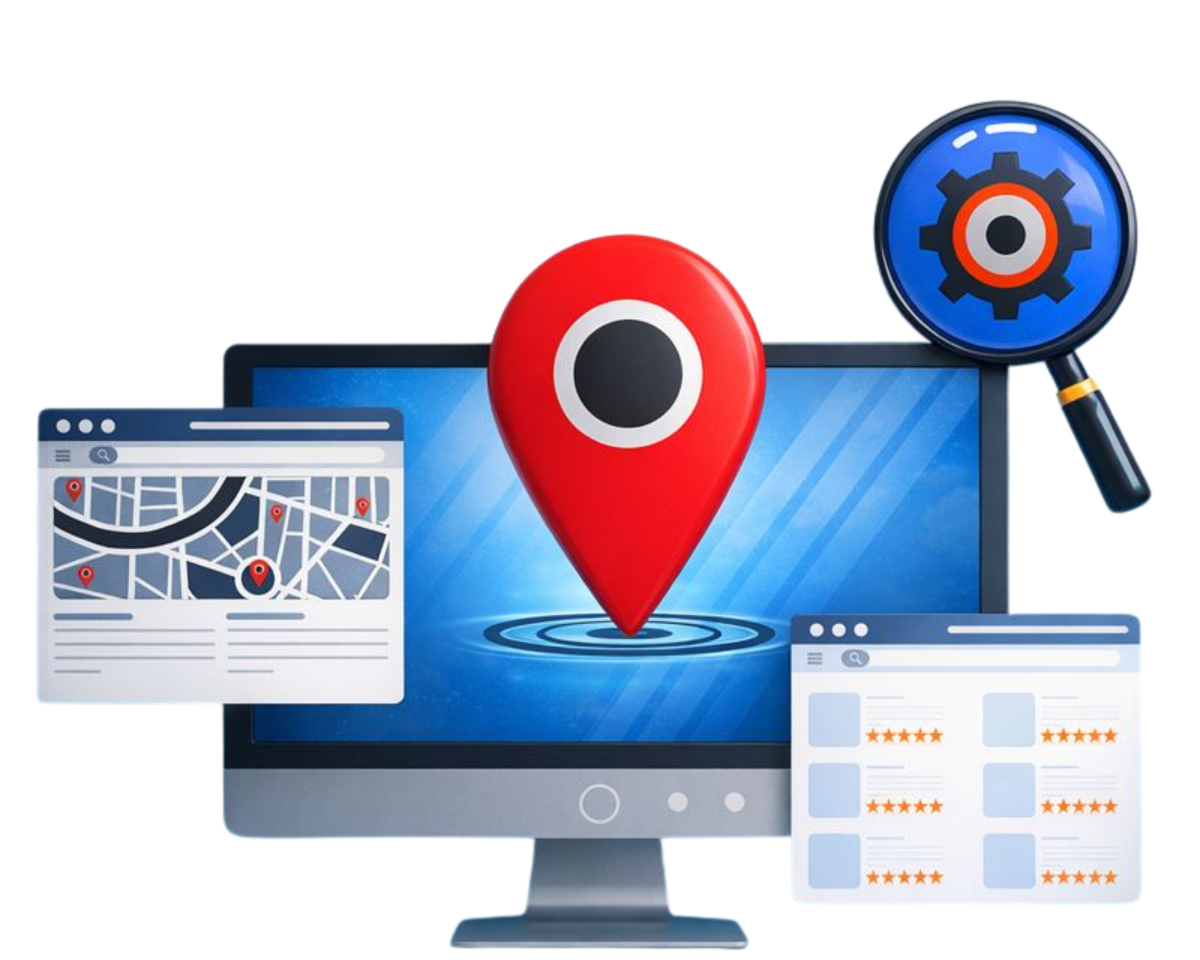 Local SEO strategy shown with map pin, business listings, reviews, and search optimization visuals