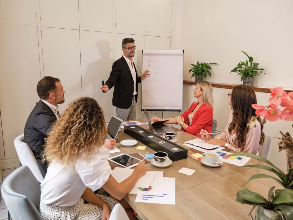 Business professionals discussing whether they should prioritize PPC or SEO for improving lead generation, marketing results, and long-term business growt