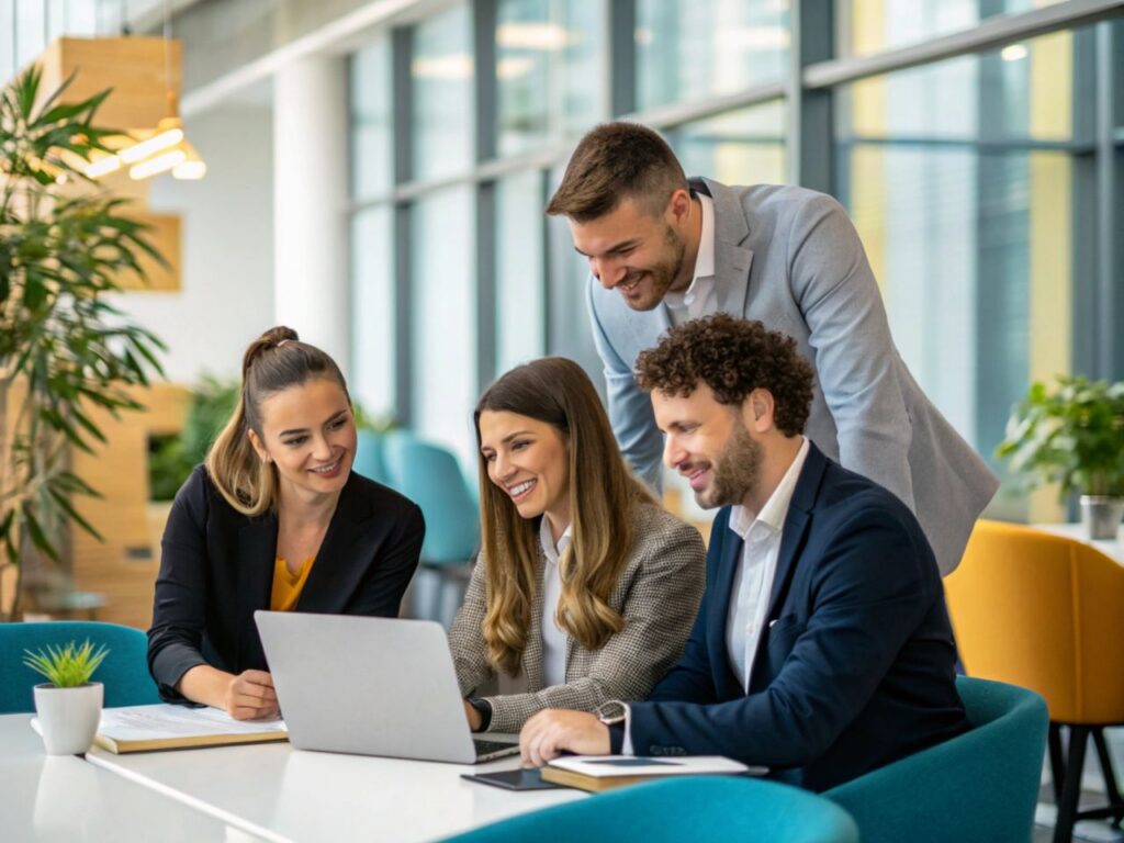 Business team reviewing website performance and analytics to measure the impact of SEO and improve their organic search strategy.